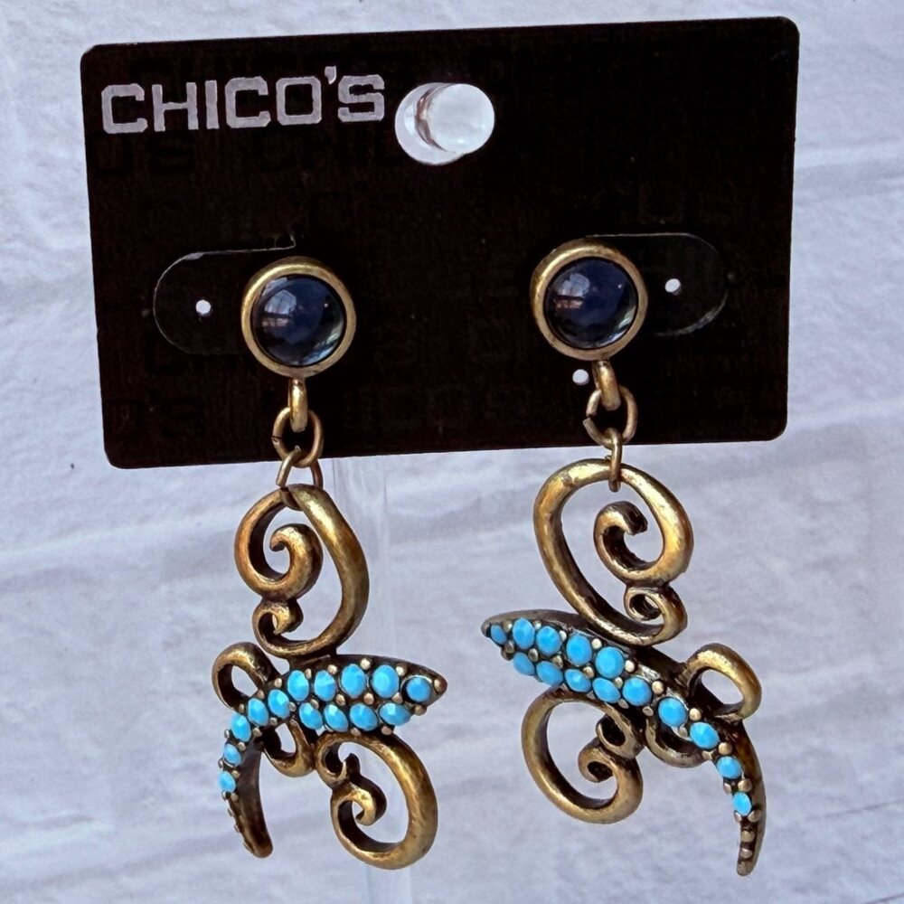 Vintage Y2K Chico’s Turquoise Brass Scroll Drop Earrings with Blue Stone Accents - Picture 3 of 7